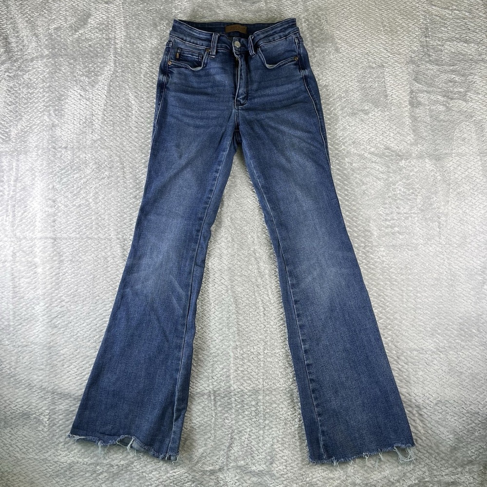 Judy Blue Womens 3/26 High Rise Flare Jeans Raw Hem Stretch Blue Denim Boho